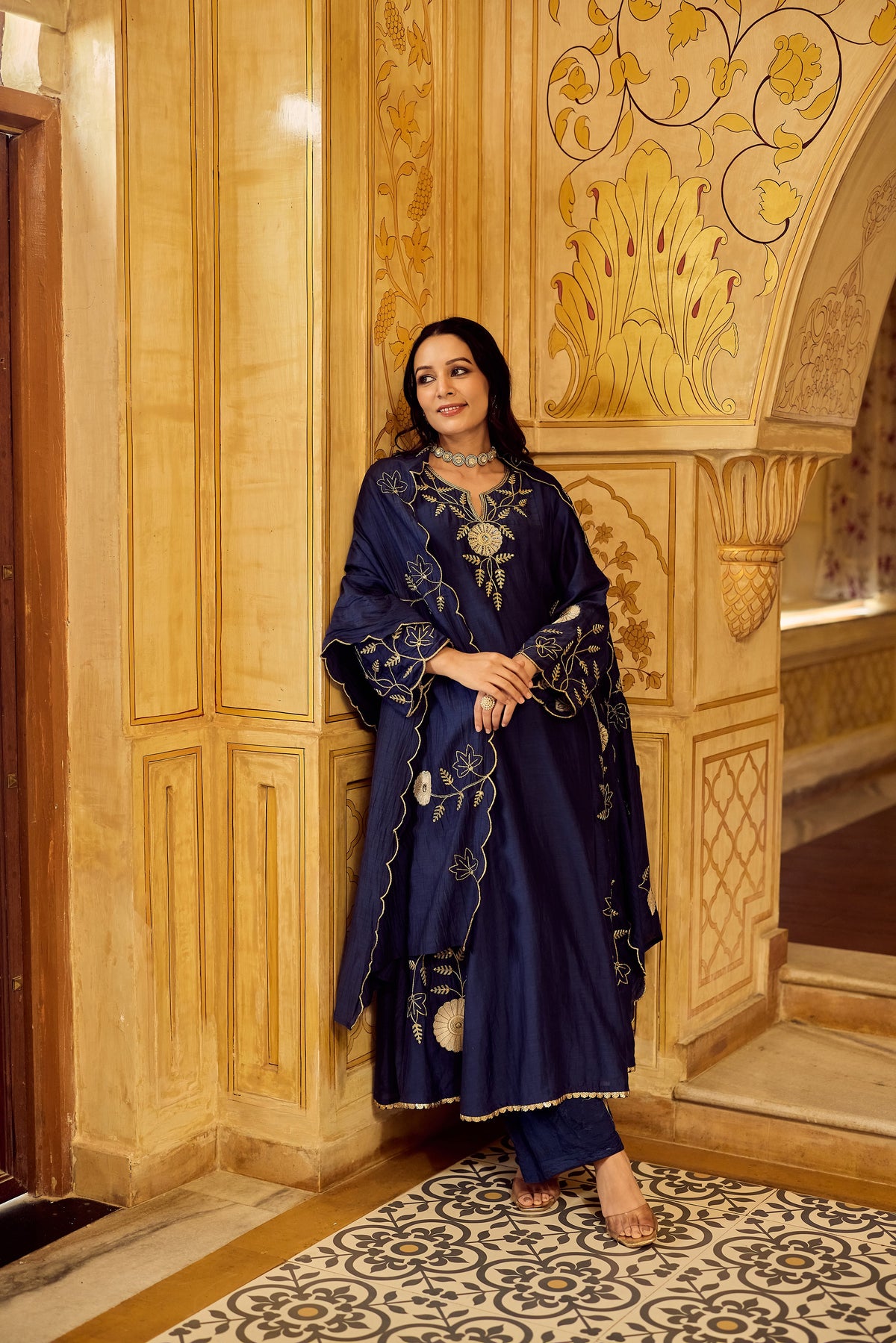 Dhara Aykaa Royal Chanderi Anarkali Set - Regal Navy