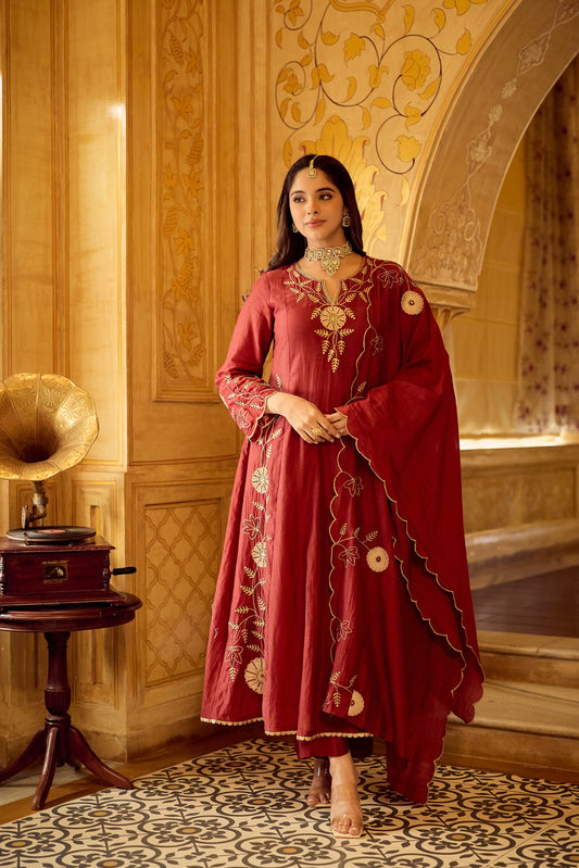 Dhara Aykaa Royal Chanderi Anarkali Set - Crimson Red