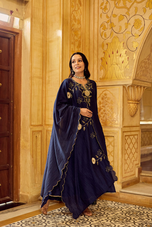 Dhara Aykaa Royal Chanderi Anarkali Set - Regal Navy
