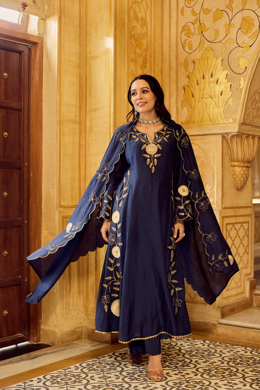 Dhara Aykaa Royal Chanderi Anarkali Set - Regal Navy