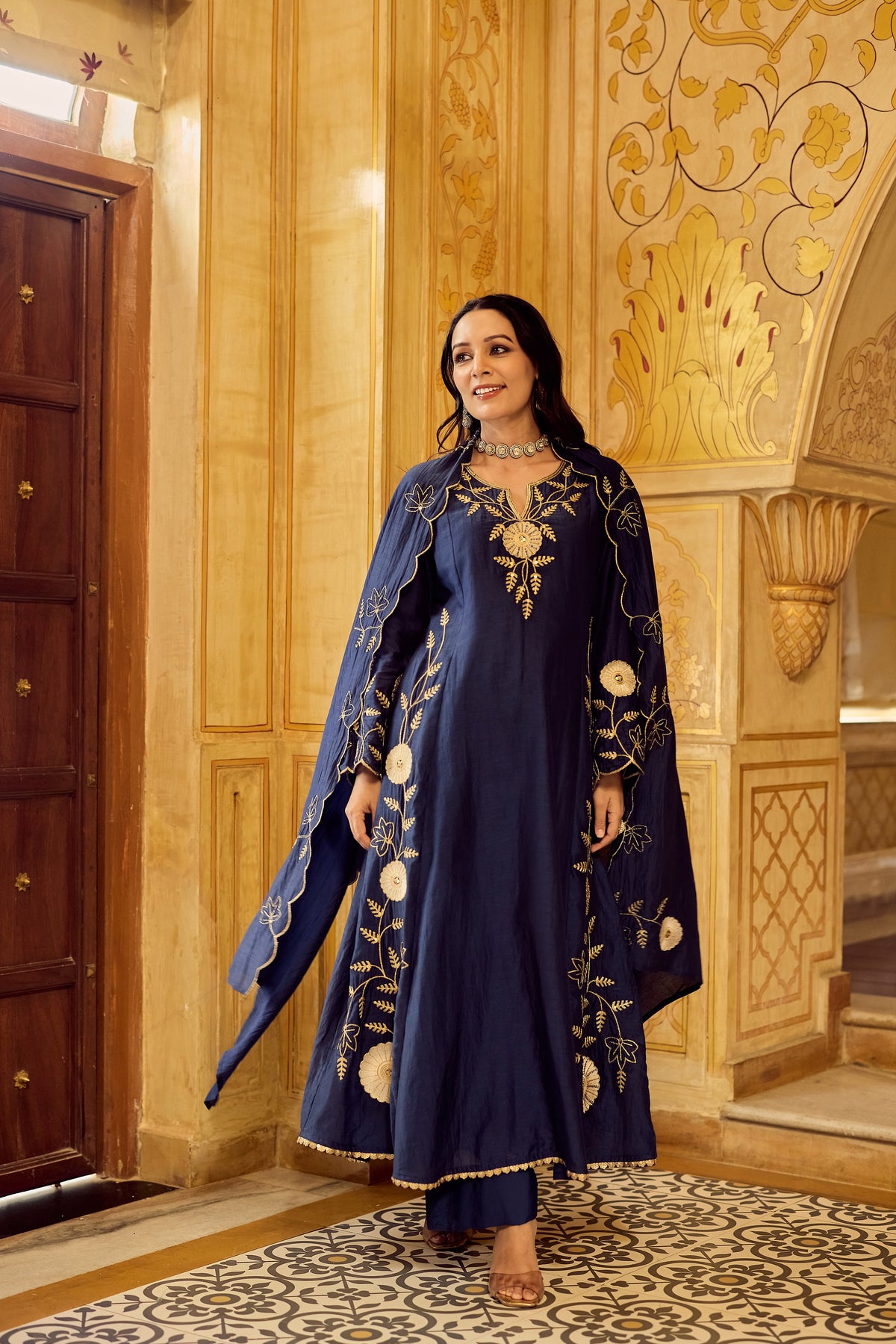 Dhara Aykaa Royal Chanderi Anarkali Set - Regal Navy