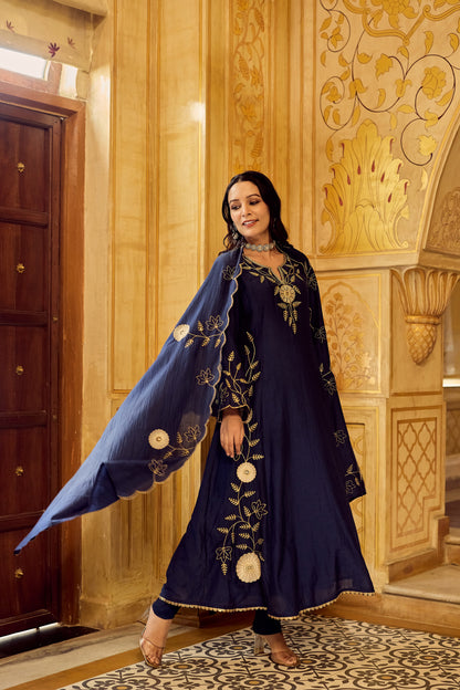 Dhara Aykaa Royal Chanderi Anarkali Set - Regal Navy