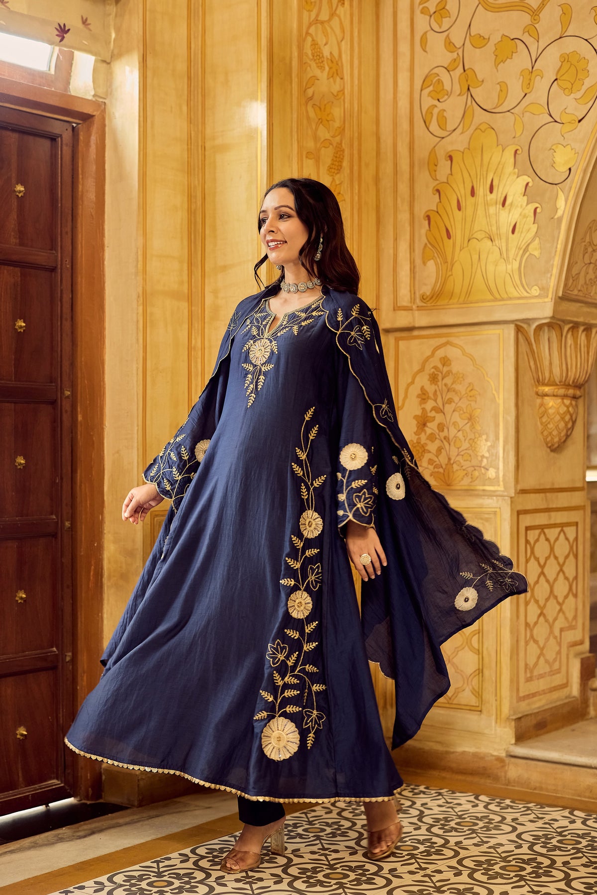 Dhara Aykaa Royal Chanderi Anarkali Set - Regal Navy