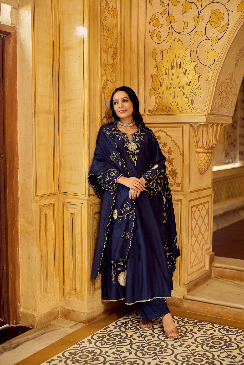 Dhara Aykaa Royal Chanderi Anarkali Set - Regal Navy