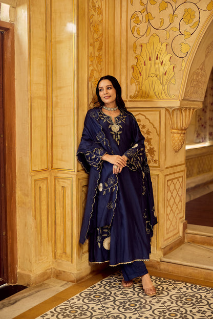 Dhara Aykaa Royal Chanderi Anarkali Set - Regal Navy