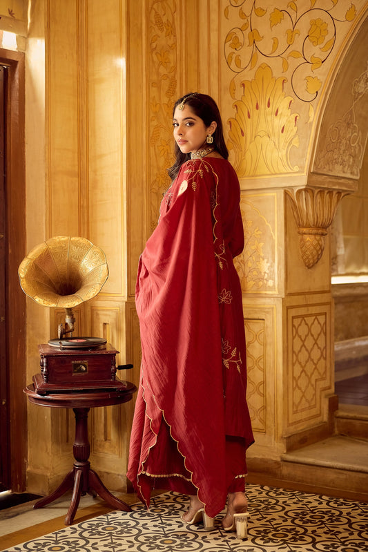 Dhara Aykaa Royal Chanderi Anarkali Set - Crimson Red