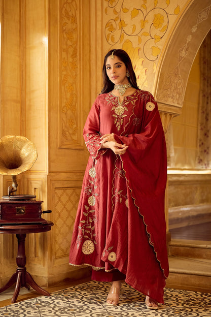 Dhara Aykaa Royal Chanderi Anarkali Set - Crimson Red