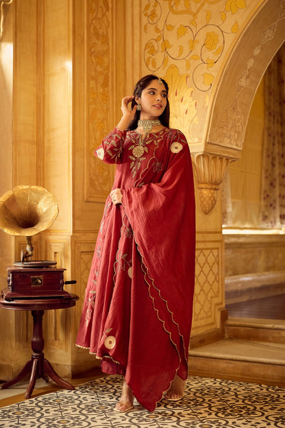 Dhara Aykaa Royal Chanderi Anarkali Set - Crimson Red
