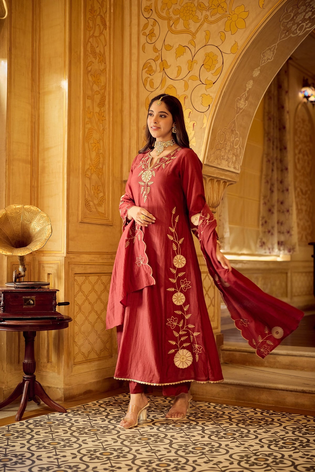 Dhara Aykaa Royal Chanderi Anarkali Set - Crimson Red