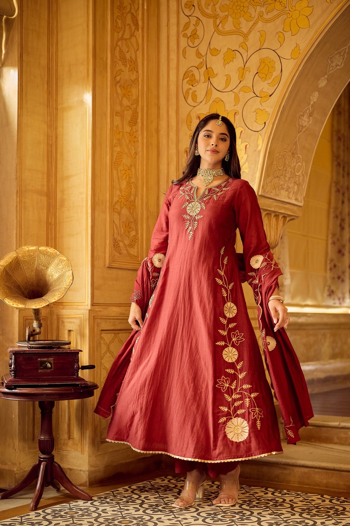 Dhara Aykaa Royal Chanderi Anarkali Set - Crimson Red