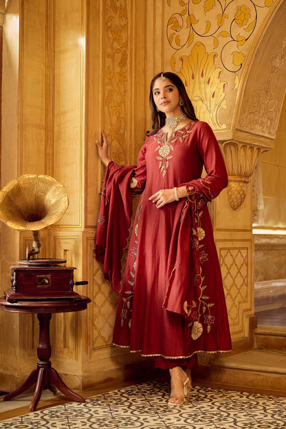 Dhara Aykaa Royal Chanderi Anarkali Set - Crimson Red