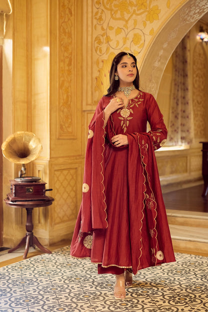 Dhara Aykaa Royal Chanderi Anarkali Set - Crimson Red